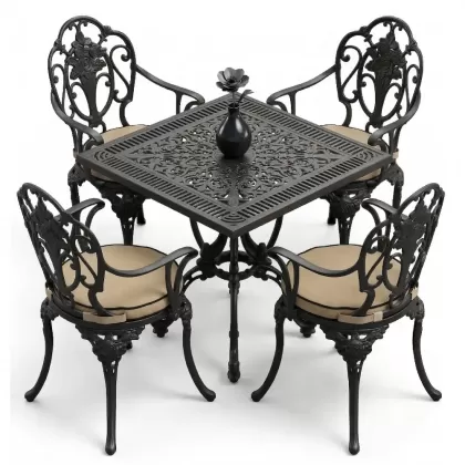 Kare Masa E:75 x D:75 x Y: 72 cm 4 Kişilik alüminyum döküm masa ve sandalye takımı siyah