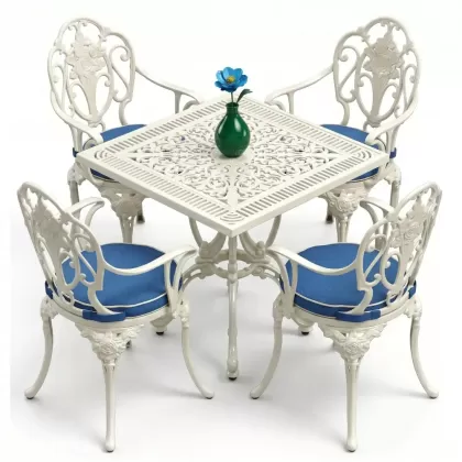 Kare Masa E:75 x D:75 x Y: 72 cm 4 Kişilik alüminyum döküm masa ve sandalye takımı beyaz