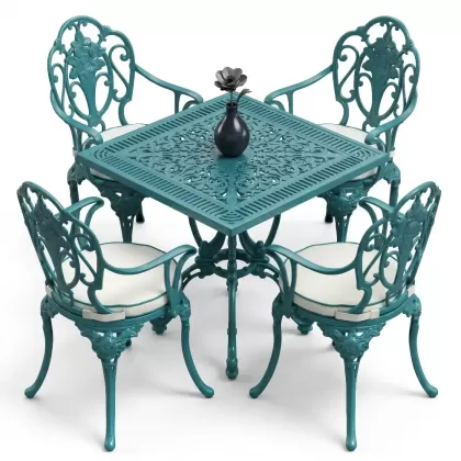 Kare Masa E:75 x D:75 x Y: 72 cm 4 Kişilik alüminyum döküm masa ve sandalye takımı turkuaz