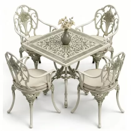 Kare Masa E:75 x D:75 x Y: 72 cm 4 Kişilik alüminyum döküm masa ve sandalye takımı yeşil beyaz patina