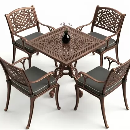 Kare Masa E:75 x D:75 x Y: 72 cm 2 Kişilik alüminyum döküm masa ve sandalye takımbakır eskitme