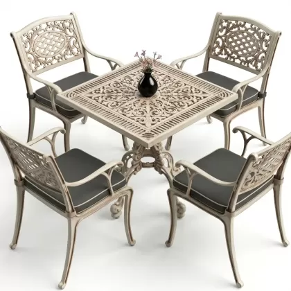 Kare Masa E:75 x D:75 x Y: 72 cm 2 Kişilik alüminyum döküm masa ve sandalye takımbeyaz eskitme