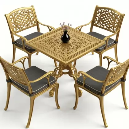 Kare Masa E:75 x D:75 x Y: 72 cm 2 Kişilik alüminyum döküm masa ve sandalye takımgold altın