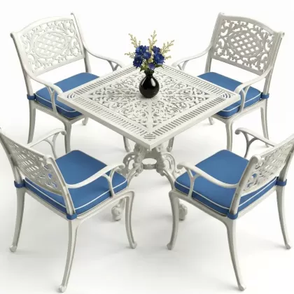 Kare Masa E:75 x D:75 x Y: 72 cm 2 Kişilik alüminyum döküm masa ve sandalye takımbeyaz