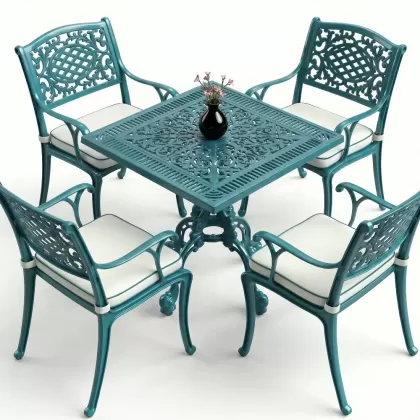 Kare Masa E:75 x D:75 x Y: 72 cm 2 Kişilik alüminyum döküm masa ve sandalye takımturkuaz