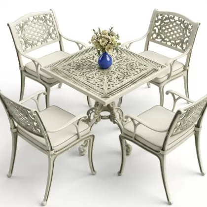 Kare Masa E:75 x D:75 x Y: 72 cm 2 Kişilik alüminyum döküm masa ve sandalye takımyeşil beyaz patina