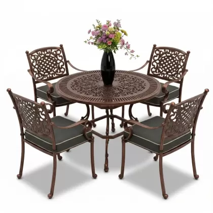 Yuvarlak Masa E:90 x D:90 x Y: 72 cm 4 Kişilik alüminyum döküm masa ve sandalye takımı bakır eskitme