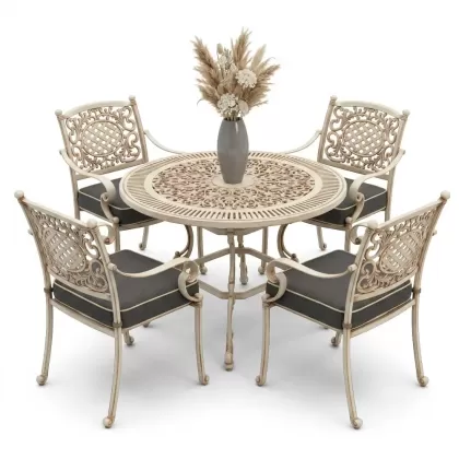 Yuvarlak Masa E:90 x D:90 x Y: 72 cm 4 Kişilik alüminyum döküm masa ve sandalye takımı beyaz eskitme