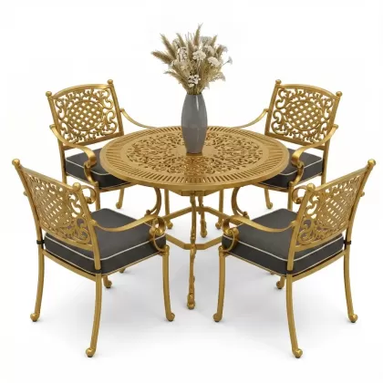 Yuvarlak Masa E:90 x D:90 x Y: 72 cm 4 Kişilik alüminyum döküm masa ve sandalye takımı gold altın