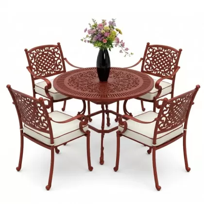 Yuvarlak Masa E:90 x D:90 x Y: 72 cm 4 Kişilik alüminyum döküm masa ve sandalye takımı kırmızı kiremit