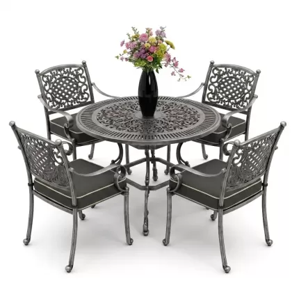 Yuvarlak Masa E:90 x D:90 x Y: 72 cm 4 Kişilik alüminyum döküm masa ve sandalye takımı silver gümüş