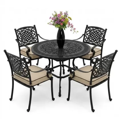 Yuvarlak Masa E:90 x D:90 x Y: 72 cm 4 Kişilik alüminyum döküm masa ve sandalye takımı siyah