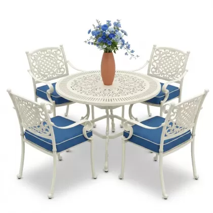 Yuvarlak Masa E:90 x D:90 x Y: 72 cm 4 Kişilik alüminyum döküm masa ve sandalye takımı beyaz