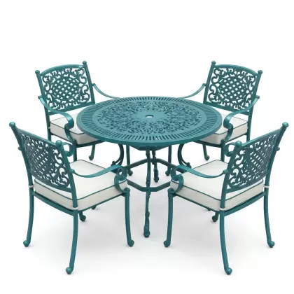 Yuvarlak Masa E:90 x D:90 x Y: 72 cm 4 Kişilik alüminyum döküm masa ve sandalye takımı turkuaz