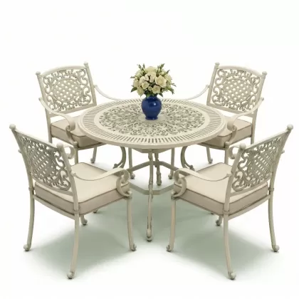 Yuvarlak Masa E:90 x D:90 x Y: 72 cm 4 Kişilik alüminyum döküm masa ve sandalye takımı beyaz yeşil patina