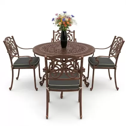 Yuvarlak Masa E:90 x D:90 x Y: 72 cm 4 Kişilik alüminyum döküm masa ve sandalye takımı bakır eskitme