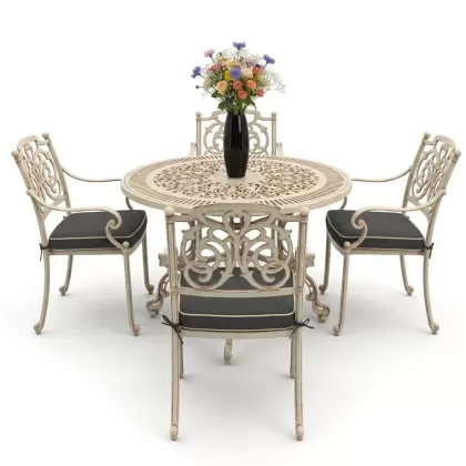 Yuvarlak Masa E:90 x D:90 x Y: 72 cm 4 Kişilik alüminyum döküm masa ve sandalye takımı beyaz eskitme