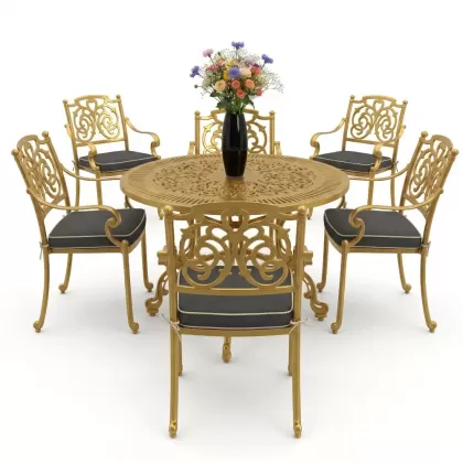 Yuvarlak Masa E:90 x D:90 x Y: 72 cm 4 Kişilik alüminyum döküm masa ve sandalye takımı gold altın