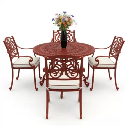Yuvarlak Masa E:90 x D:90 x Y: 72 cm 4 Kişilik alüminyum döküm masa ve sandalye takımı kırmızı kiremit