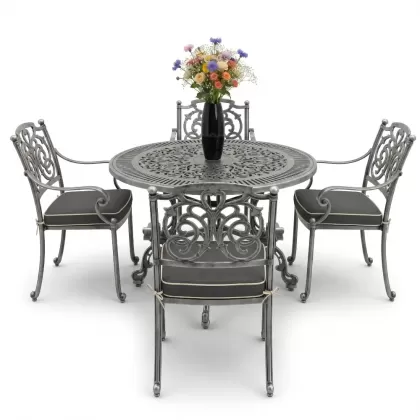 Yuvarlak Masa E:90 x D:90 x Y: 72 cm 4 Kişilik alüminyum döküm masa ve sandalye takımı gümüş silver