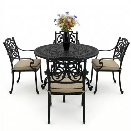 Yuvarlak Masa E:90 x D:90 x Y: 72 cm 4 Kişilik alüminyum döküm masa ve sandalye takımı siyah