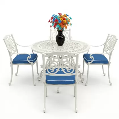 Yuvarlak Masa E:90 x D:90 x Y: 72 cm 4 Kişilik alüminyum döküm masa ve sandalye takımı beyaz