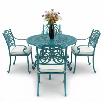 Yuvarlak Masa E:90 x D:90 x Y: 72 cm 4 Kişilik alüminyum döküm masa ve sandalye takımı turkuaz