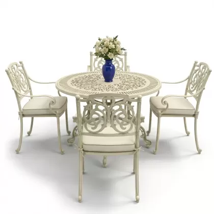 Yuvarlak Masa E:90 x D:90 x Y: 72 cm 4 Kişilik alüminyum döküm masa ve sandalye takımı beyaz yeşil beyaz patina