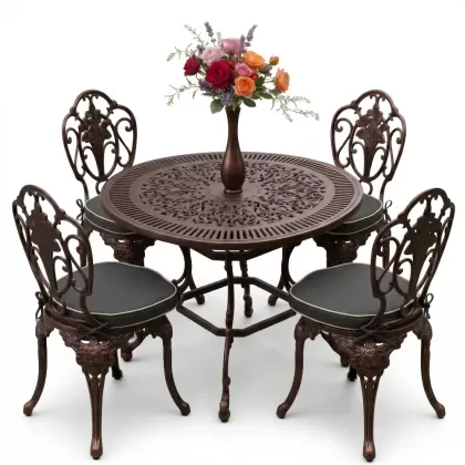 Yuvarlak Masa E:90 x D:90 x Y: 72 cm 4 Kişilik alüminyum döküm masa ve sandalye takımı bakır eskitme