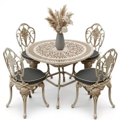 Yuvarlak Masa E:90 x D:90 x Y: 72 cm 4 Kişilik alüminyum döküm masa ve sandalye takımı beyaz eskitme