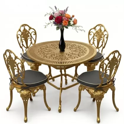 Yuvarlak Masa E:90 x D:90 x Y: 72 cm 4 Kişilik alüminyum döküm masa ve sandalye takımı gold altın