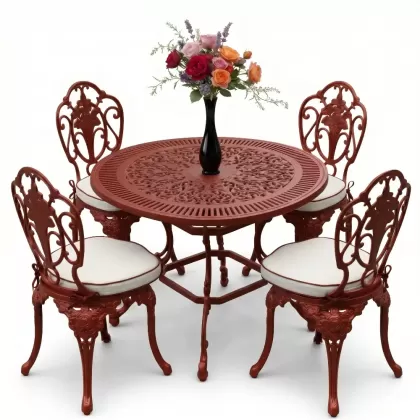 Yuvarlak Masa E:90 x D:90 x Y: 72 cm 4 Kişilik alüminyum döküm masa ve sandalye takımı kiremit kırmızı