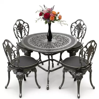 Yuvarlak Masa E:90 x D:90 x Y: 72 cm 4 Kişilik alüminyum döküm masa ve sandalye takımı gümüş silver