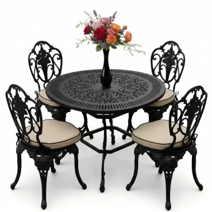 Yuvarlak Masa E:90 x D:90 x Y: 72 cm 4 Kişilik alüminyum döküm masa ve sandalye takımı siyah