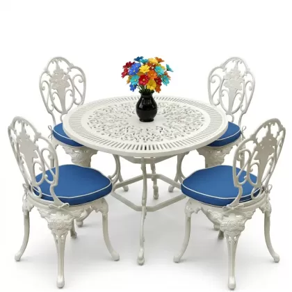 Yuvarlak Masa E:90 x D:90 x Y: 72 cm 4 Kişilik alüminyum döküm masa ve sandalye takımı beyaz