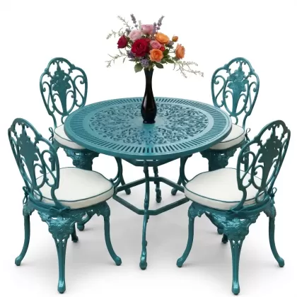 Yuvarlak Masa E:90 x D:90 x Y: 72 cm 4 Kişilik alüminyum döküm masa ve sandalye takımı turkuaz