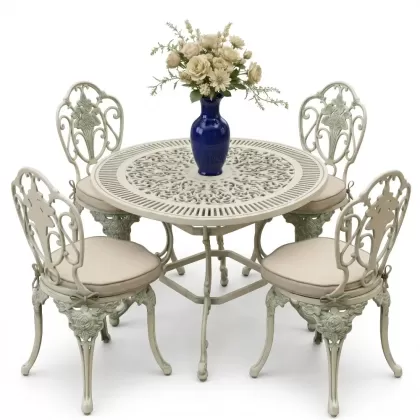 Yuvarlak Masa E:90 x D:90 x Y: 72 cm 4 Kişilik alüminyum döküm masa ve sandalye takımı beyaz yeşil patina