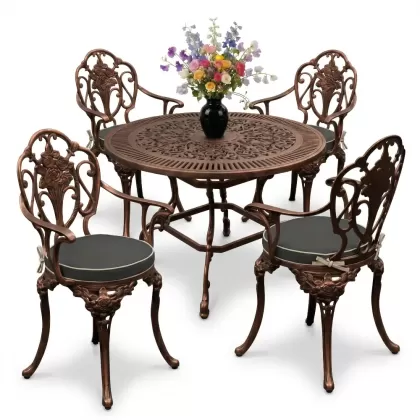 Yuvarlak Masa E:90 x D:90 x Y: 72 cm 4 Kişilik alüminyum döküm masa ve sandalye takımı bakır eskitme