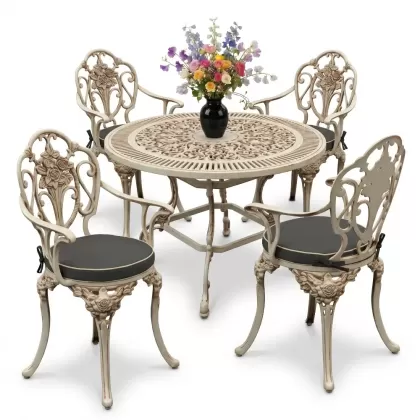 Yuvarlak Masa E:90 x D:90 x Y: 72 cm 4 Kişilik alüminyum döküm masa ve sandalye takımı beyaz eskitme