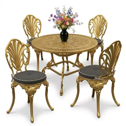 Yuvarlak Masa E:90 x D:90 x Y: 72 cm 4 Kişilik alüminyum döküm masa ve sandalye takımı gold altın