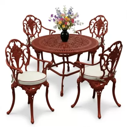 Yuvarlak Masa E:90 x D:90 x Y: 72 cm 4 Kişilik alüminyum döküm masa ve sandalye takımı kırmızı kiremit