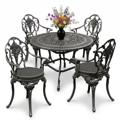 Yuvarlak Masa E:90 x D:90 x Y: 72 cm 4 Kişilik alüminyum döküm masa ve sandalye takımı silver gümüş