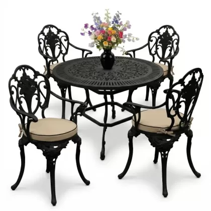 Yuvarlak Masa E:90 x D:90 x Y: 72 cm 4 Kişilik alüminyum döküm masa ve sandalye takımı siyah