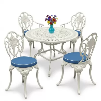 Yuvarlak Masa E:90 x D:90 x Y: 72 cm 4 Kişilik alüminyum döküm masa ve sandalye takımı beyaz