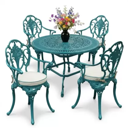 Yuvarlak Masa E:90 x D:90 x Y: 72 cm 4 Kişilik alüminyum döküm masa ve sandalye takımı turkuaz