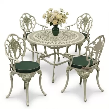 Yuvarlak Masa E:90 x D:90 x Y: 72 cm 4 Kişilik alüminyum döküm masa ve sandalye takımı yeşil beyaz patina