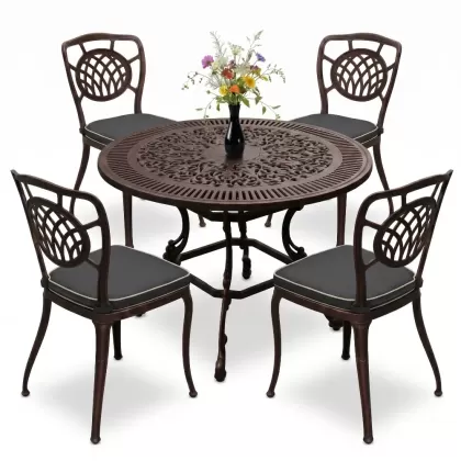 Yuvarlak Masa E:90 x D:90 x Y: 72 cm 4 Kişilik alüminyum döküm masa ve sandalye takımı bakır eskitme