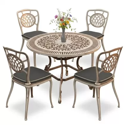 Yuvarlak Masa E:90 x D:90 x Y: 72 cm 4 Kişilik alüminyum döküm masa ve sandalye takımı beyaz eskitme