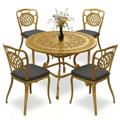 Yuvarlak Masa E:90 x D:90 x Y: 72 cm 4 Kişilik alüminyum döküm masa ve sandalye takımı gold altın