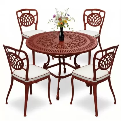 Yuvarlak Masa E:90 x D:90 x Y: 72 cm 4 Kişilik alüminyum döküm masa ve sandalye takımı kiremit kırmızı